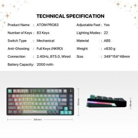 Fantech STELLAR Edition MK913 - ATOM PRO83, 3 Modes:  Bluetooth, Wireless & Wired, Built-in Battery, Mechanical Gaming Keyboard