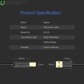 UGREEN Super Speed Cable Printer USB-A to USB-B, Available in 1.5M, 5M - US135 10350 10352