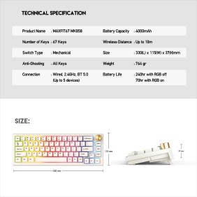 Fantech MK858 MAXFIT67, 3 Modes: Bluetooth, Wireless & Wired, Rechargeable Built-in Battery, Modular Mechanical Gaming Keyboard