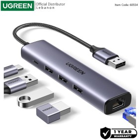 UGREEN USB 3.0 to 3- Port USB 3.0 Hub with RJ45 Gigabit Ethernet Port and Type-C Power Port, Stable Transmission - CM475 60554