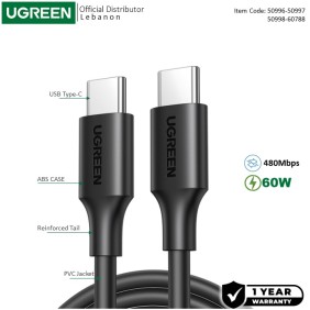 UGREEN USB-C to USB-C PD60W Fast Charge Cable, Available in 0.5M, 1M, 1.5M, 3M - US286 50996 50997 60518 50998 60520 60788