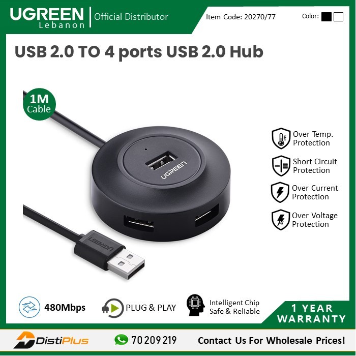 USB 2.0 Hub 4 Ports, 1M Cable (Data Transfer up to 480Mbps) UGREEN