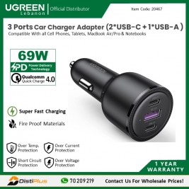 Aluminum 69W PD Fast Car Charger 3 Ports 2 USB-C & USB-A  For Phone, Tablet, Laptop ugreen CD239 - 20467