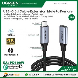 USB-C Cable Extension Male to Female 1M, Nylon Braided &  Aluminum Body ugreen US372 - 30205