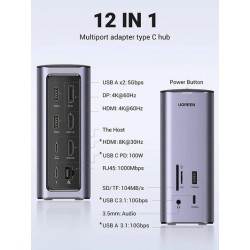 HUB STATION USB-C UGREEN CM555 12 EN 1 ( CM555 ) 3 USB - 1 USB-C - 1 USB-C  DP - 2 HDMI - 1 DP - 1 RJ45 - 1 SD CARD - 1 TF CARD 